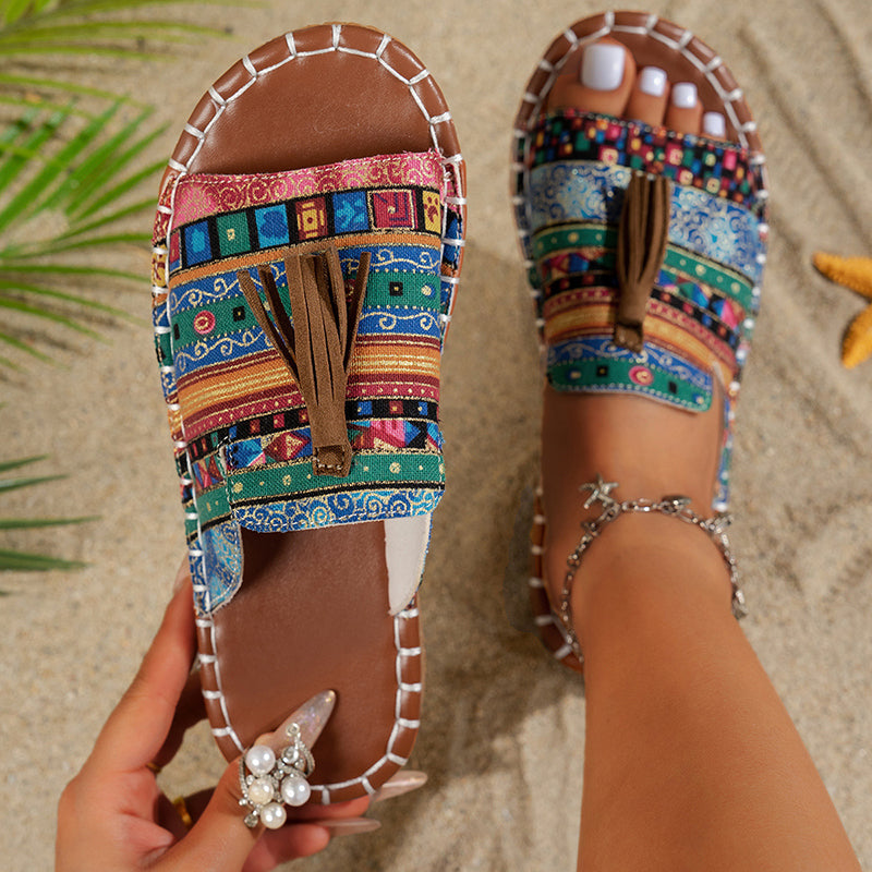 Women’s Boho Slide Sandals Colorful Tassel Design 0