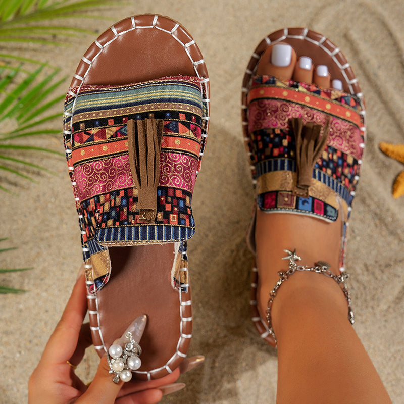 Women’s Boho Slide Sandals Colorful Tassel Design 1