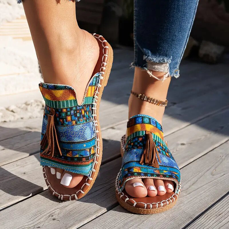 Women’s Boho Slide Sandals Colorful Tassel Design 4