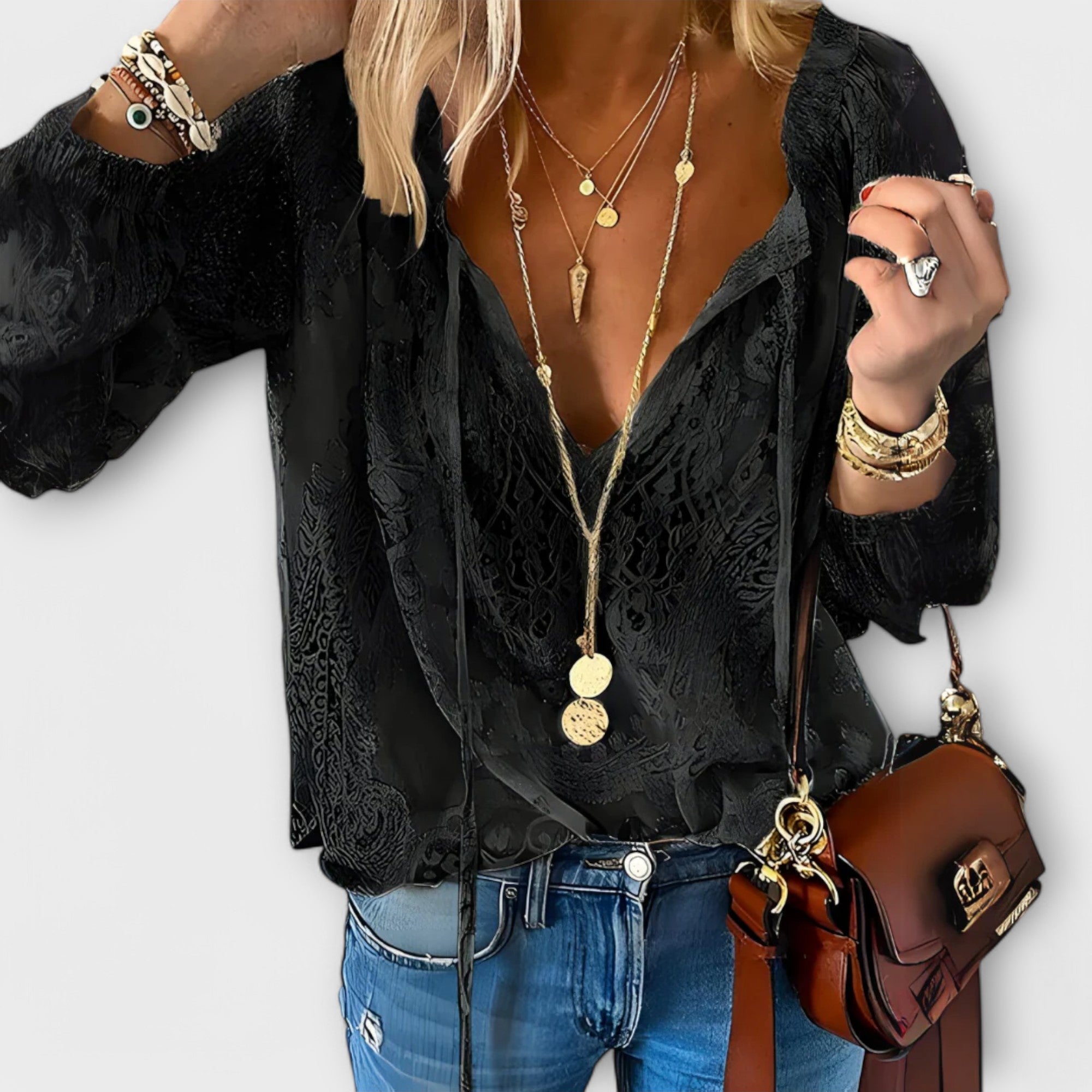 Women’s Boho V Neck Long Sleeve Top Relaxed Fit Casual Style 1