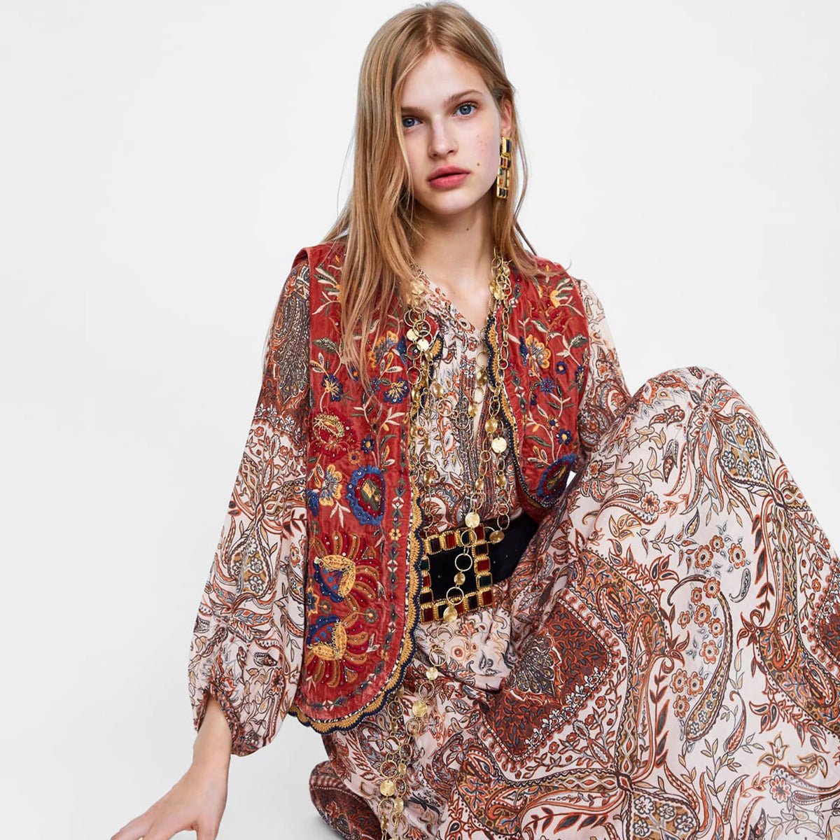 Women’s Boho Velvet Waistcoat Intricate Embroidery Design 0
