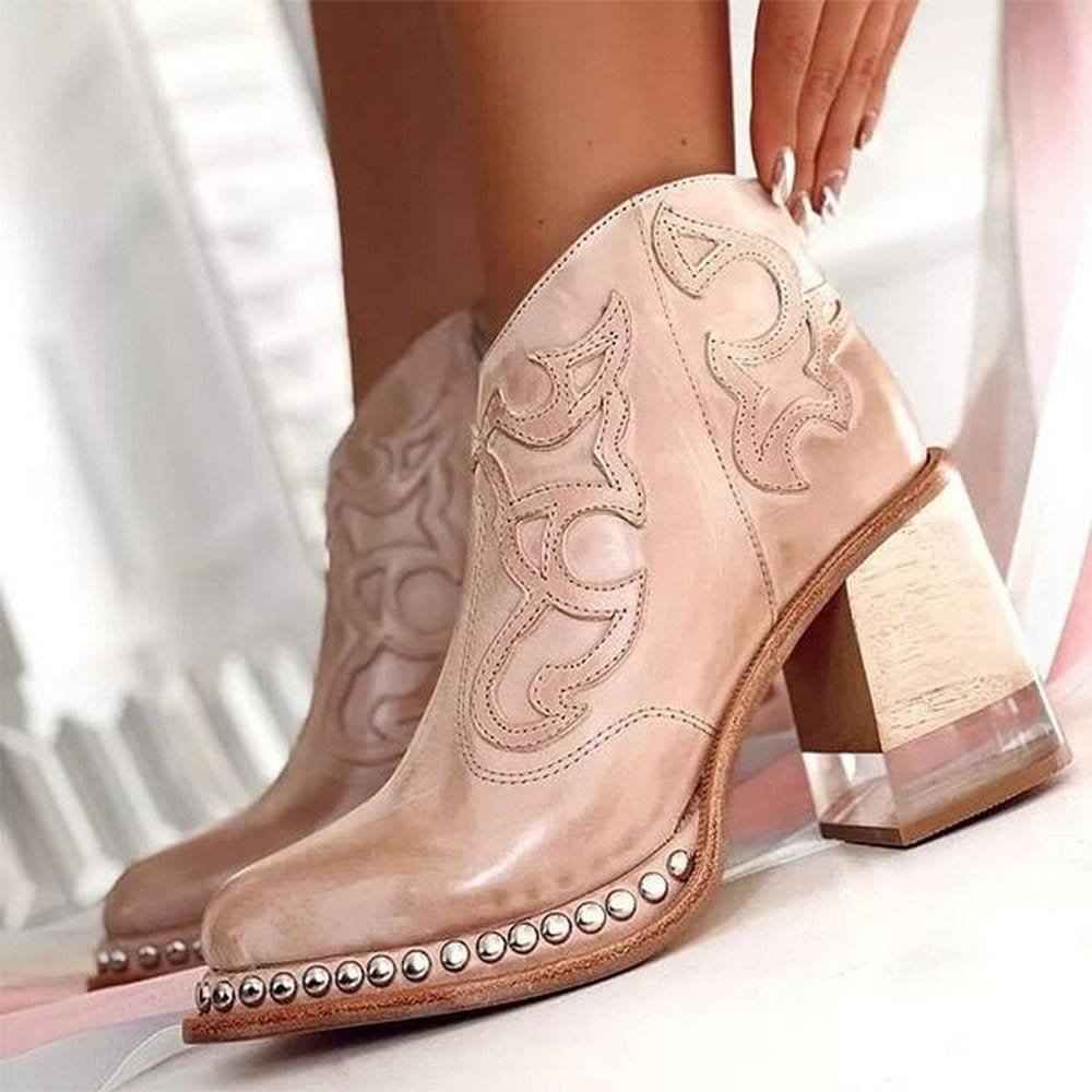 Women’s Brown Western Ankle Boots Studded Block Heel Design 0