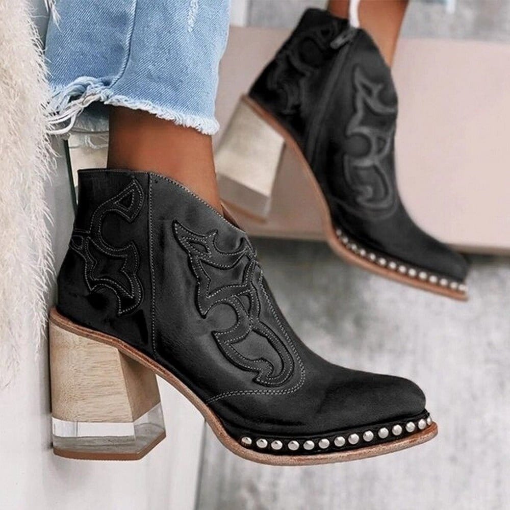 Women’s Brown Western Ankle Boots Studded Block Heel Design 1