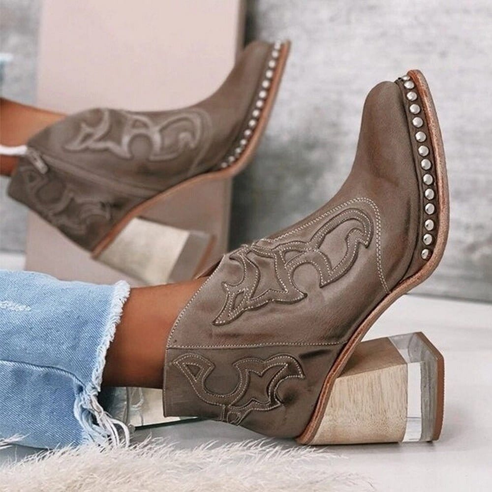 Women’s Brown Western Ankle Boots Studded Block Heel Design 2