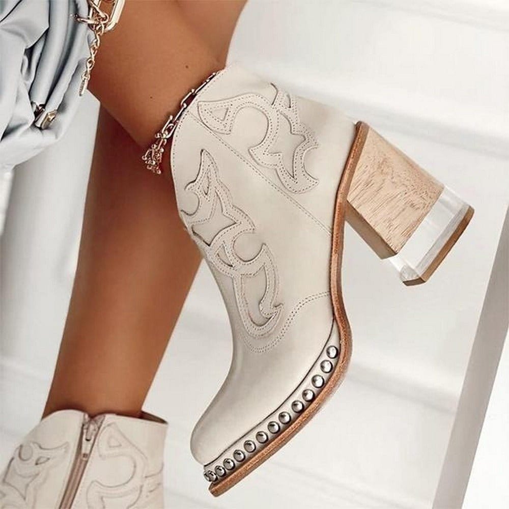 Women’s Brown Western Ankle Boots Studded Block Heel Design 4