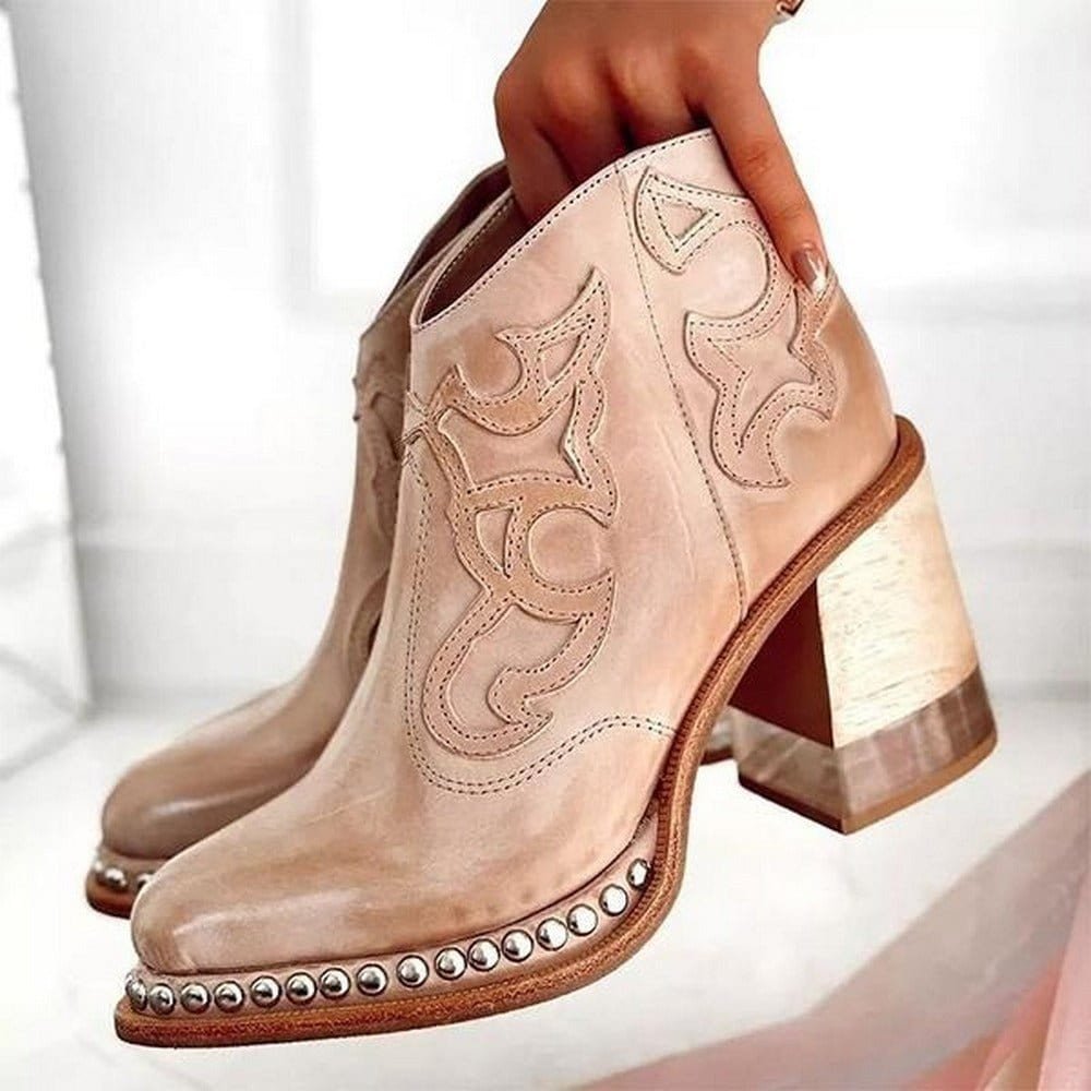 Women’s Brown Western Ankle Boots Studded Block Heel Design 5