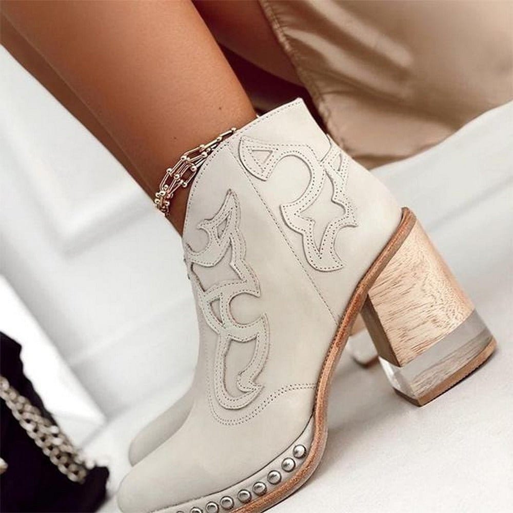 Women’s Brown Western Ankle Boots Studded Block Heel Design 6