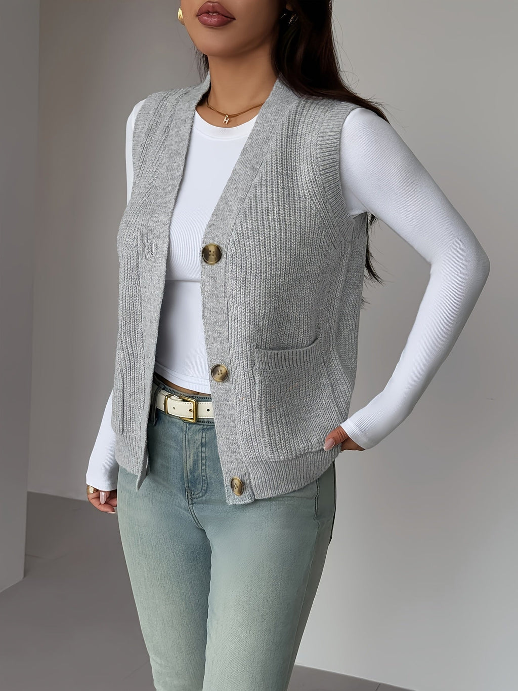 Women’s Buttoned V-Neck Knit Vest Versatile Layering 3