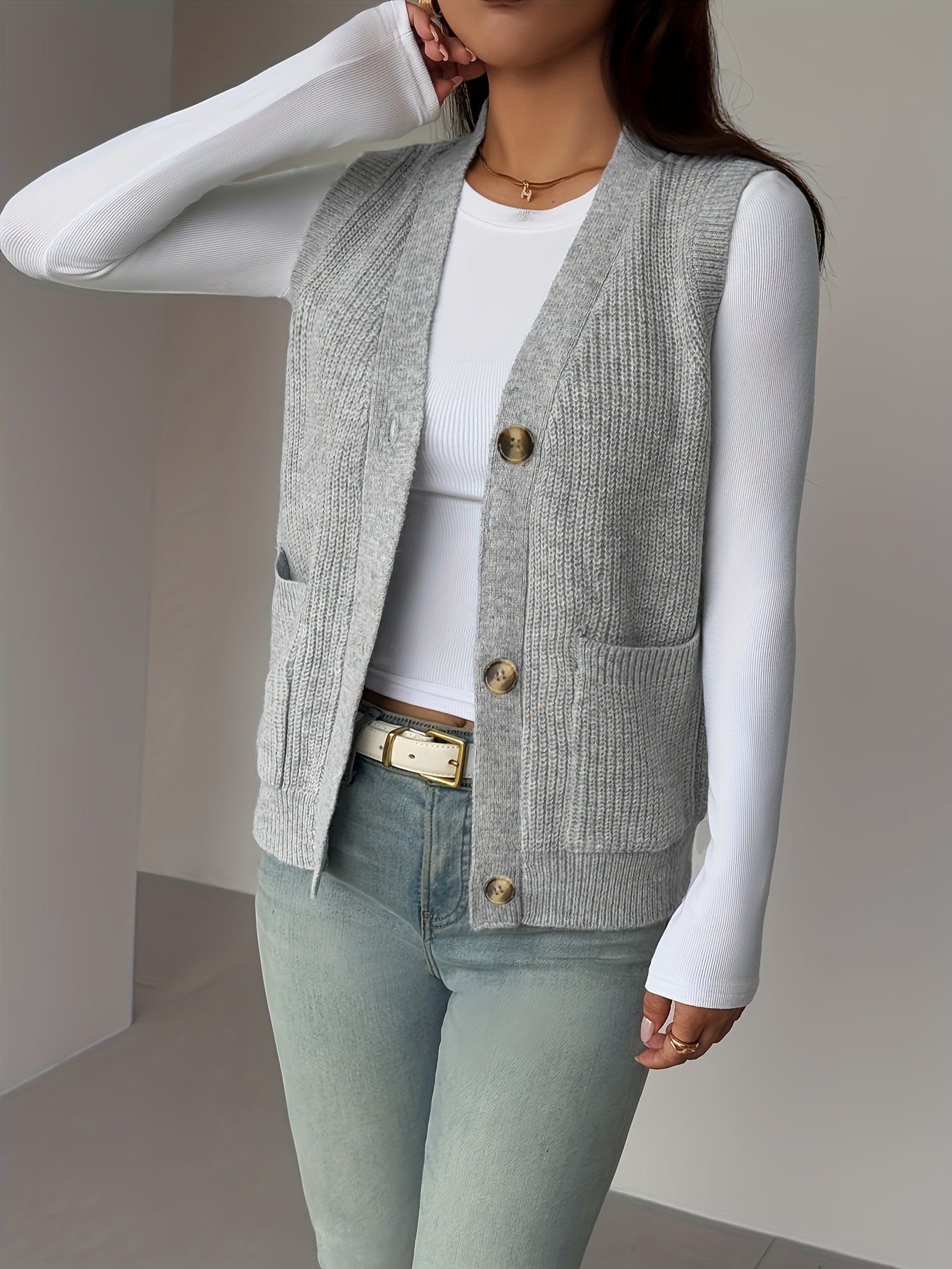 Women’s Buttoned V-Neck Knit Vest Versatile Layering 4