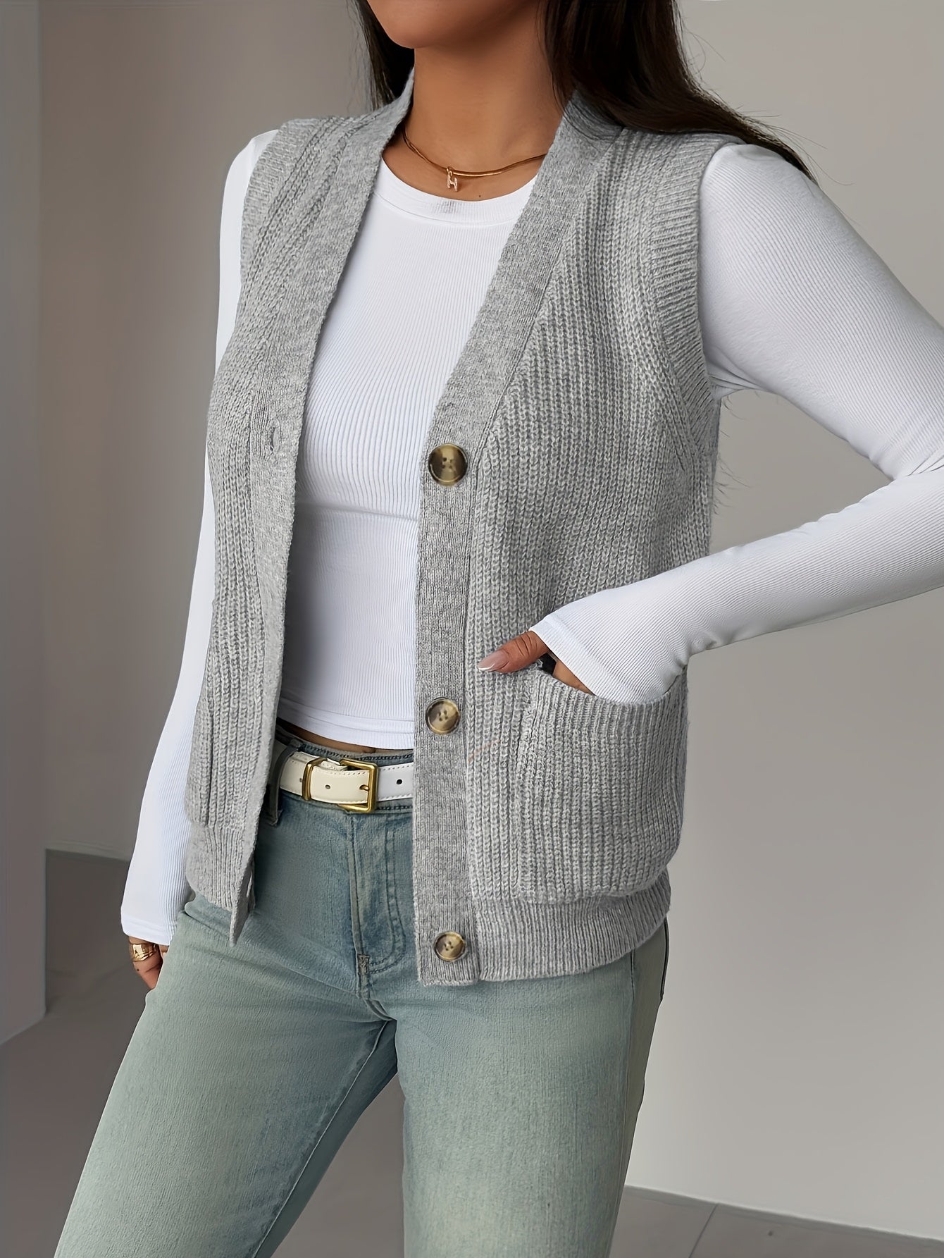 Women’s Buttoned V-Neck Knit Vest Versatile Layering 5