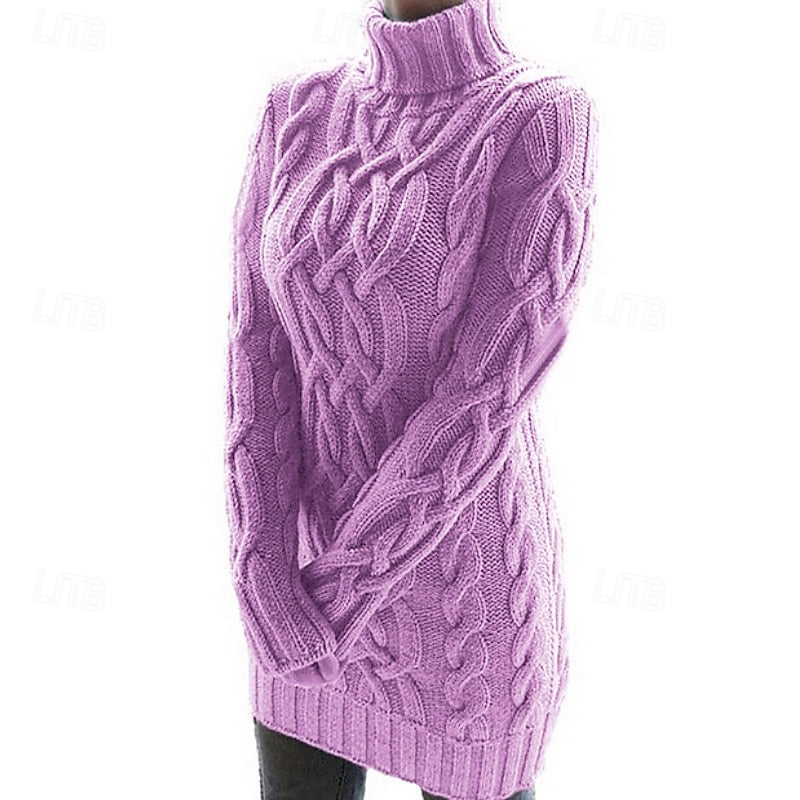 Women’s Cable-Textured Turtleneck Sweater Dress Cozy Warm Style 0