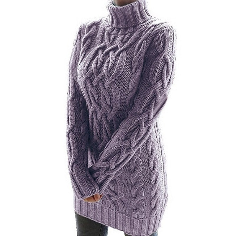 Women’s Cable-Textured Turtleneck Sweater Dress Cozy Warm Style 1