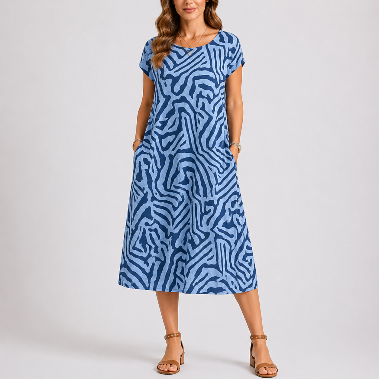 Women’s Casual Midi Dress Lightweight Round Neck with Pockets 0