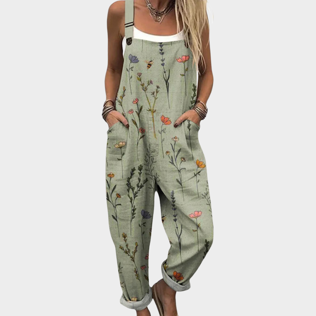 Women’s Casual Woven Jumpsuit Botanical Print with Adjustable Straps 0