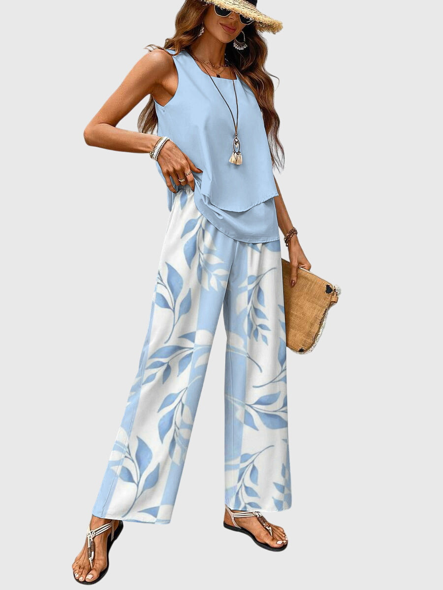 Women’s Chic 2-Piece Summer Set Elegant Blue Floral Design 1