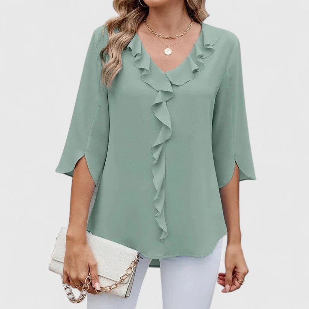 Women’s Chiffon Blouse Ruffle V-Neck Three-Quarter Sleeve 0