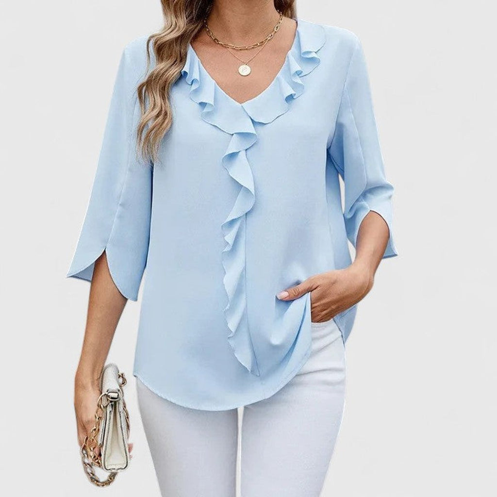 Women’s Chiffon Blouse Ruffle V-Neck Three-Quarter Sleeve 1