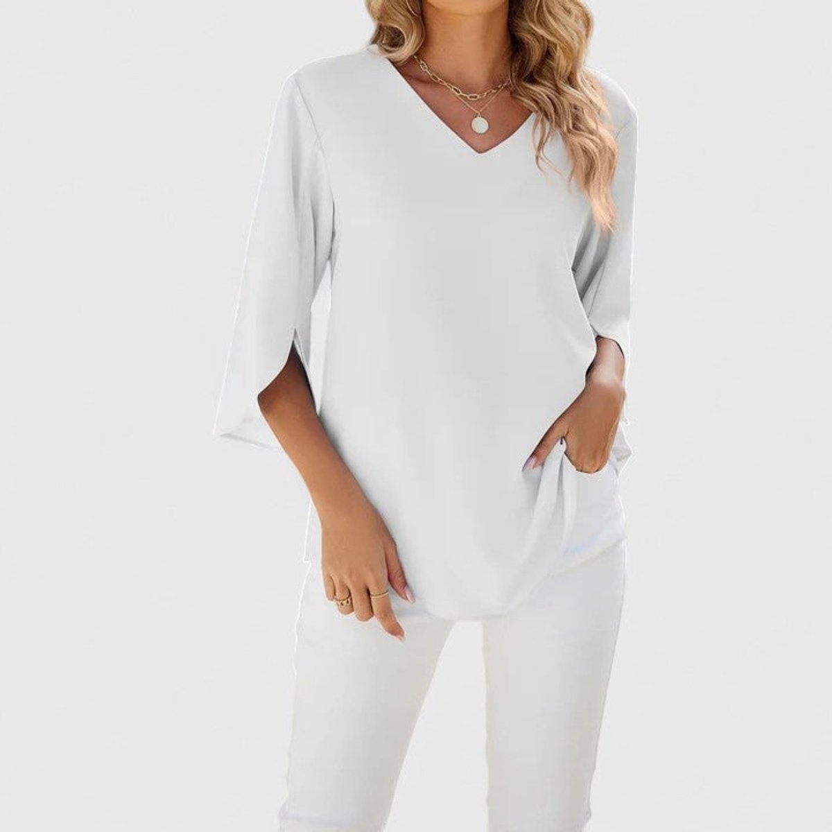 Women’s Chiffon Blouse Ruffle V-Neck Three-Quarter Sleeve 10