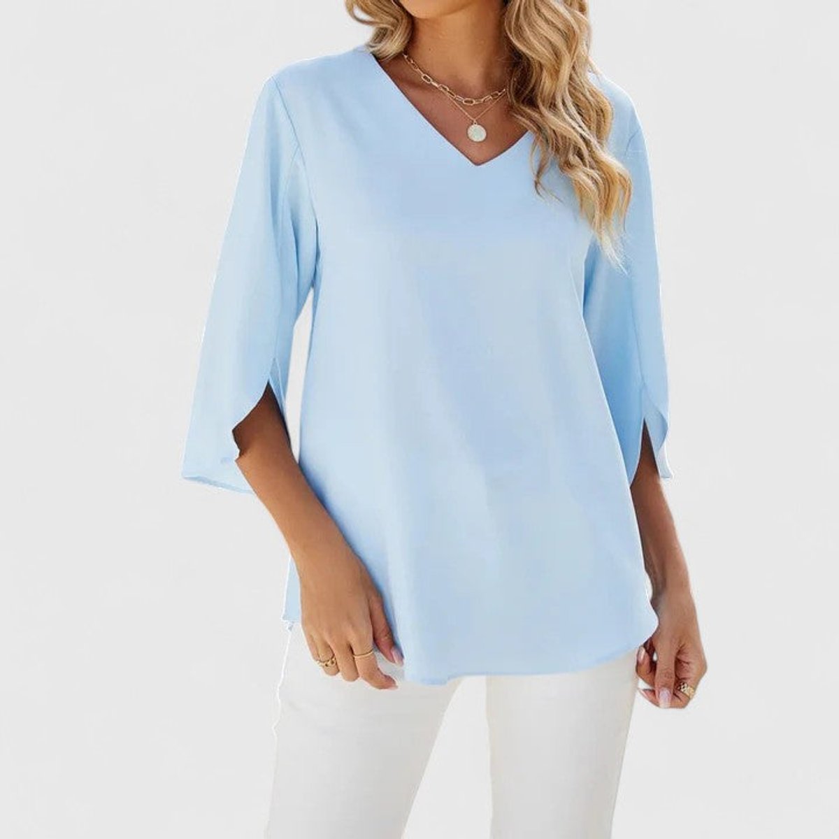 Women’s Chiffon Blouse Ruffle V-Neck Three-Quarter Sleeve 2