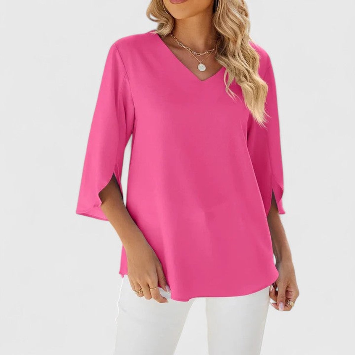 Women’s Chiffon Blouse Ruffle V-Neck Three-Quarter Sleeve 3