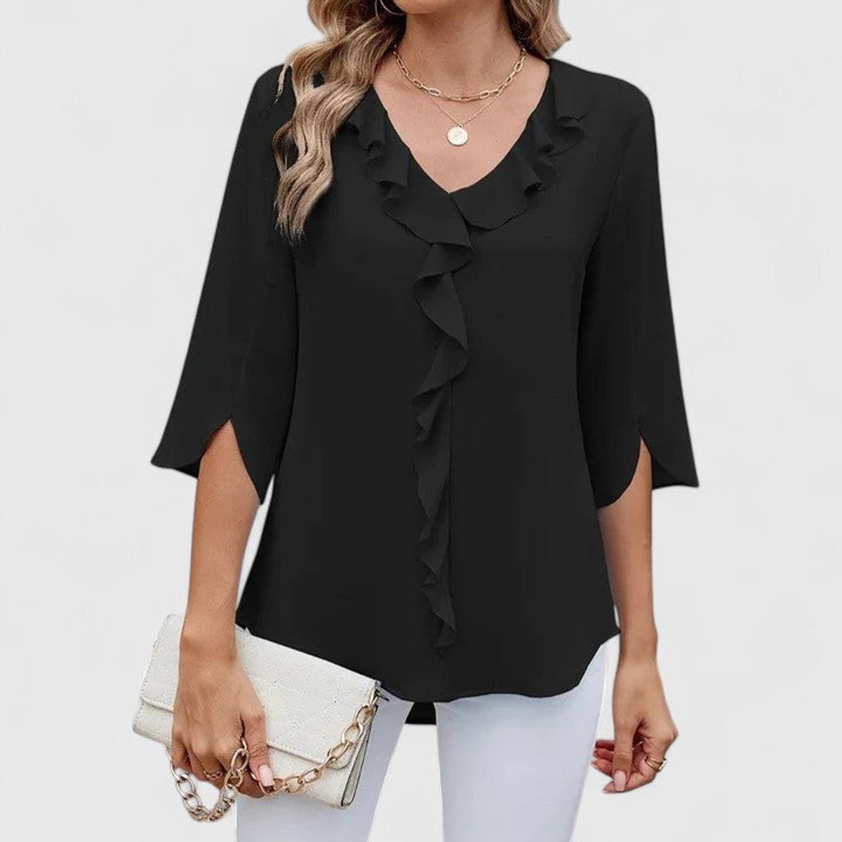Women’s Chiffon Blouse Ruffle V-Neck Three-Quarter Sleeve 4