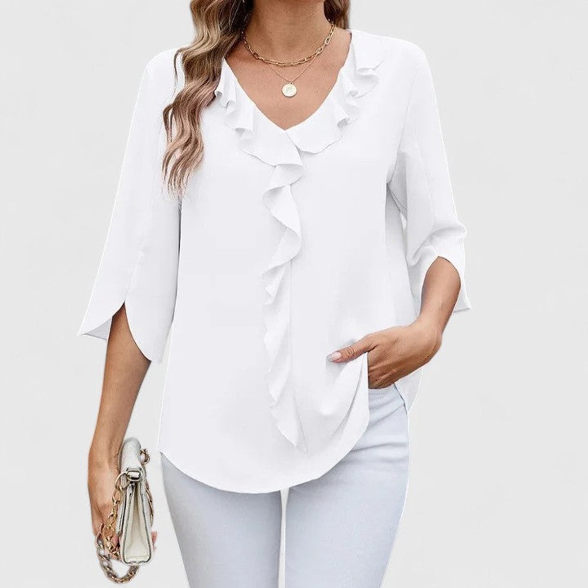 Women’s Chiffon Blouse Ruffle V-Neck Three-Quarter Sleeve 5