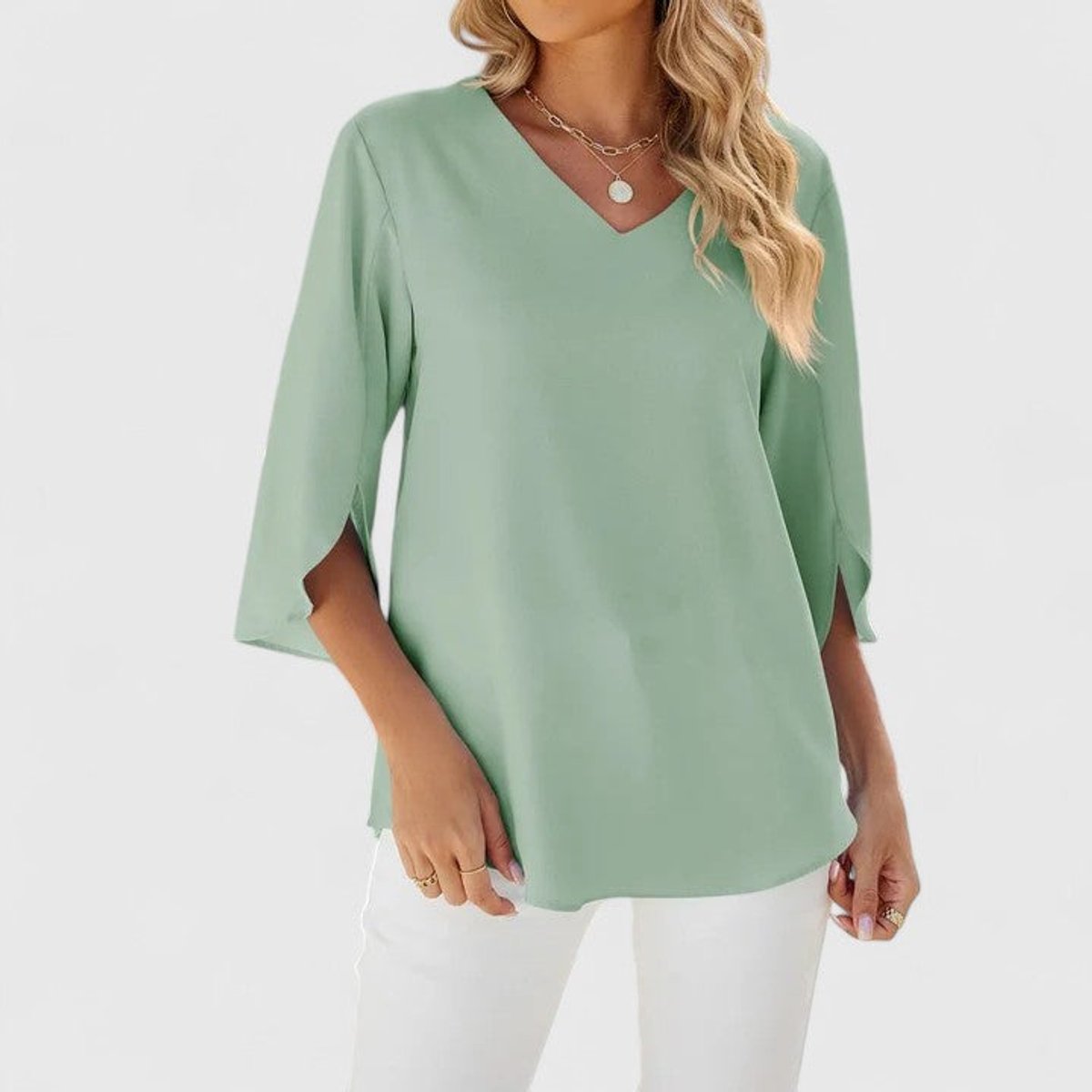 Women’s Chiffon Blouse Ruffle V-Neck Three-Quarter Sleeve 7