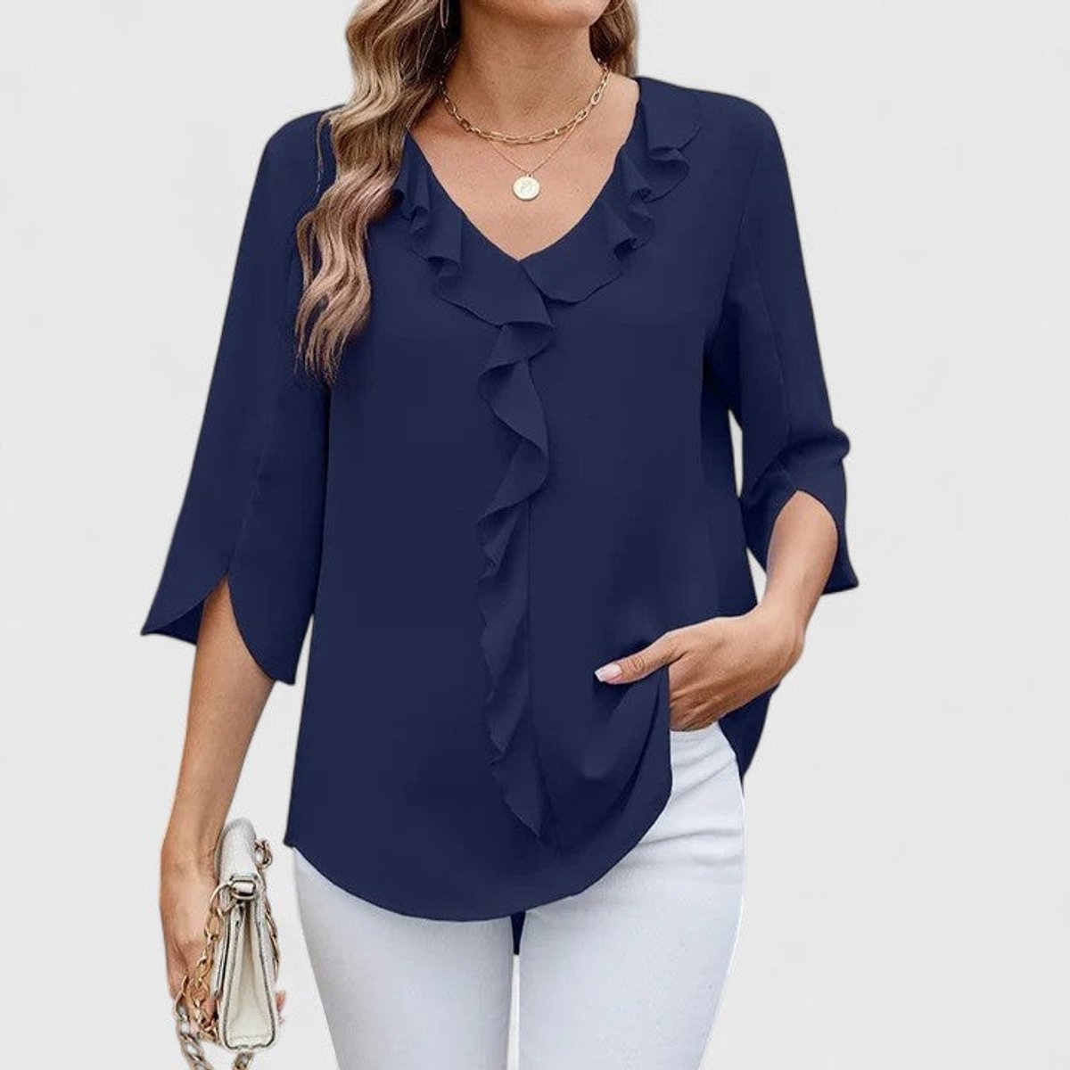 Women’s Chiffon Blouse Ruffle V-Neck Three-Quarter Sleeve 8