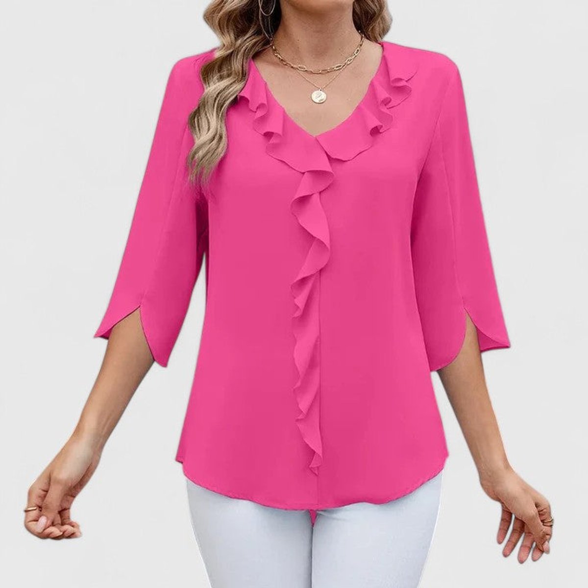 Women’s Chiffon Blouse Ruffle V-Neck Three-Quarter Sleeve 9