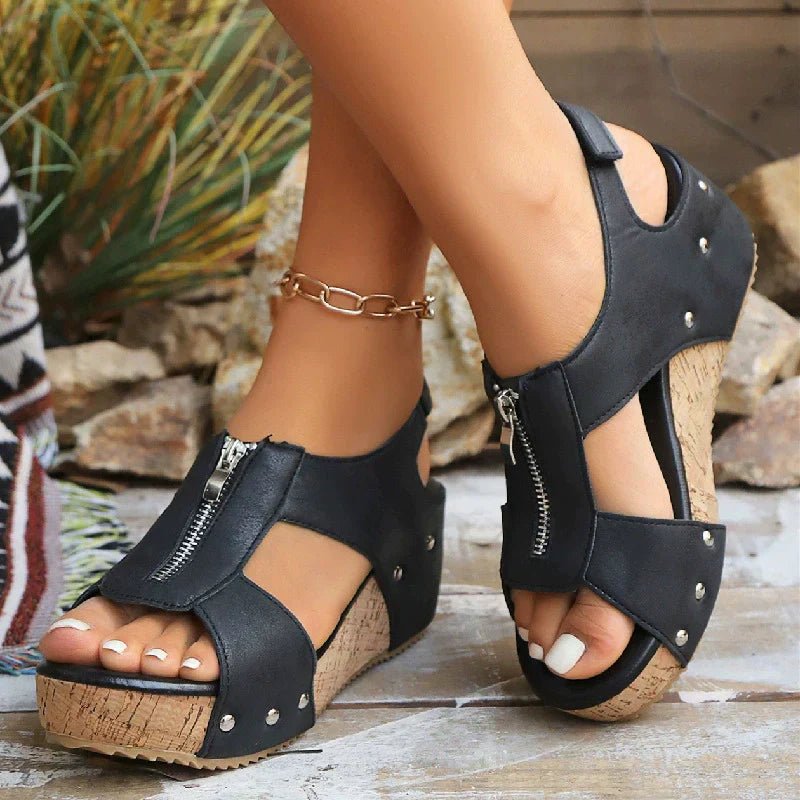Women’s Cork Wedge Sandals Stylish Zip-Front Design 0