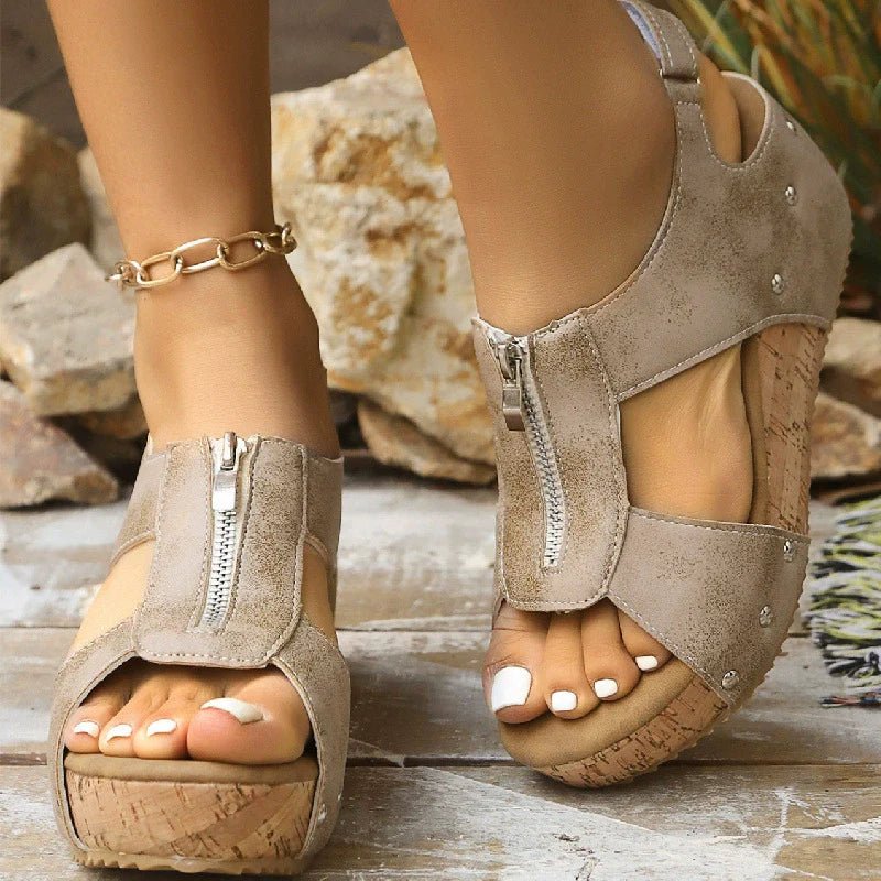 Women’s Cork Wedge Sandals Stylish Zip-Front Design 2