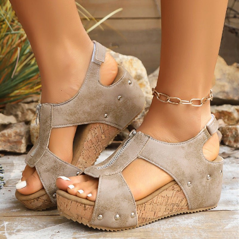 Women’s Cork Wedge Sandals Stylish Zip-Front Design 3