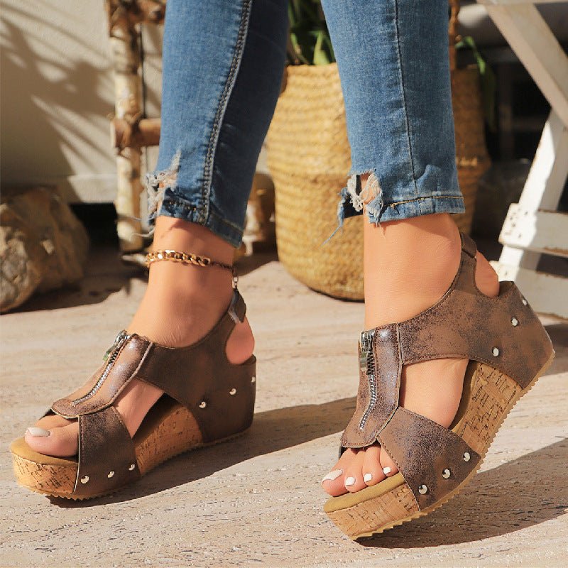 Women’s Cork Wedge Sandals Stylish Zip-Front Design 5