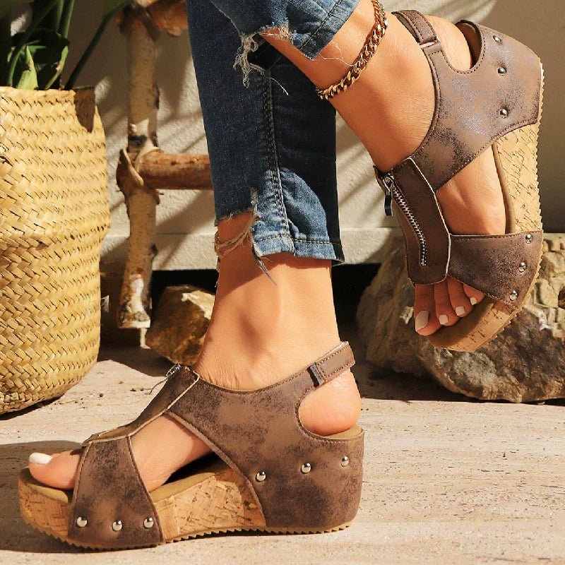 Women’s Cork Wedge Sandals Stylish Zip-Front Design 6