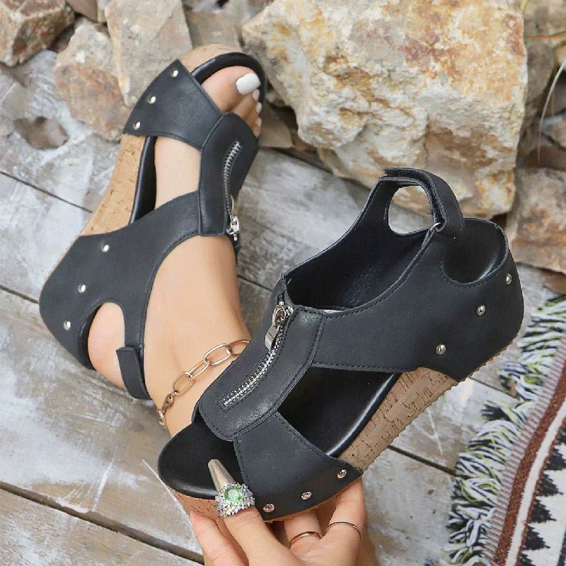 Women’s Cork Wedge Sandals Stylish Zip-Front Design 7