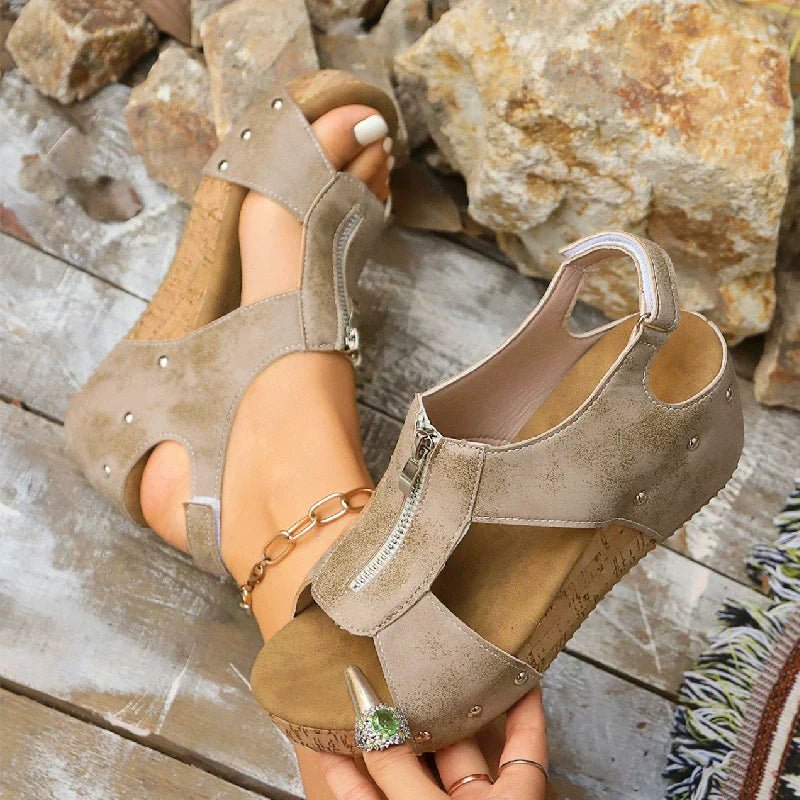 Women’s Cork Wedge Sandals Stylish Zip-Front Design 9
