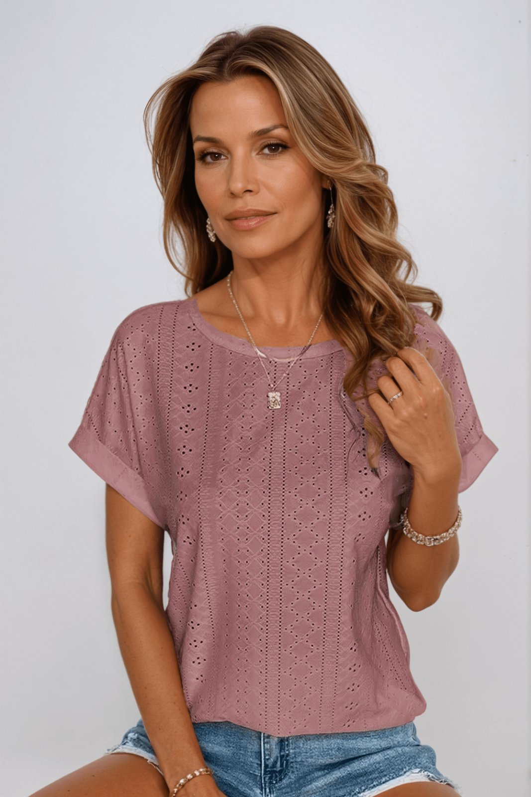 Women’s Cotton Eyelet Top Short Sleeve Casual Style 2