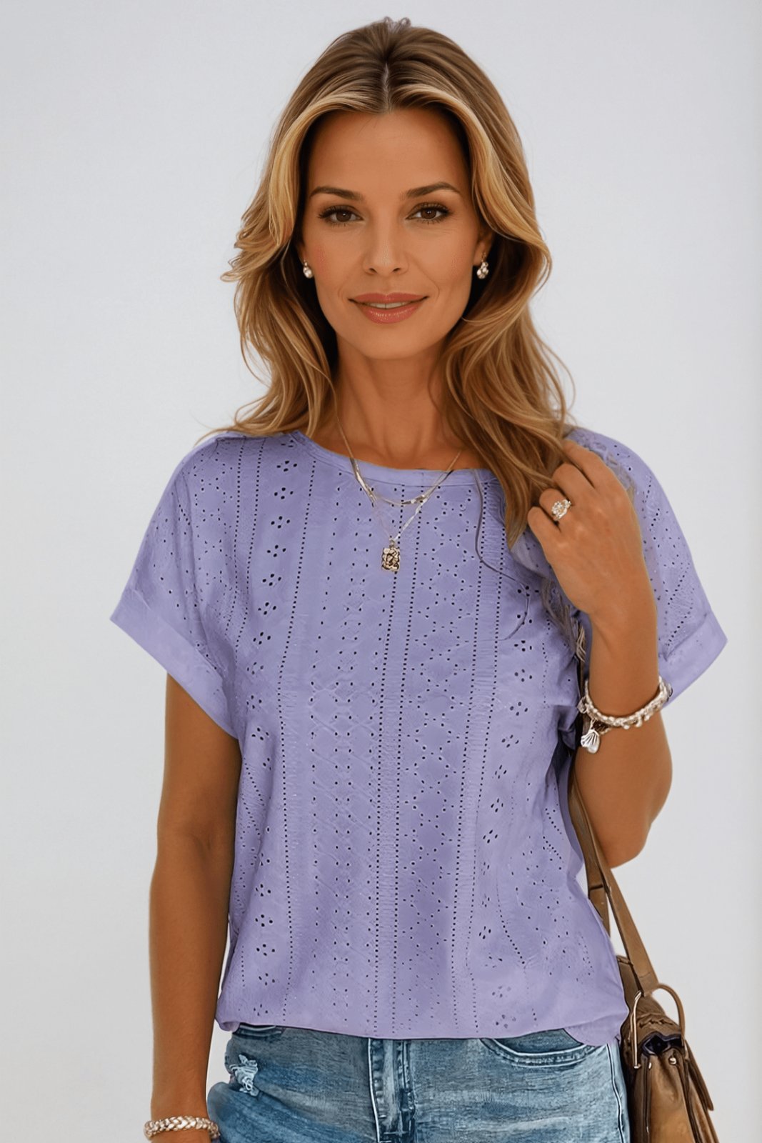 Women’s Cotton Eyelet Top Short Sleeve Casual Style 3