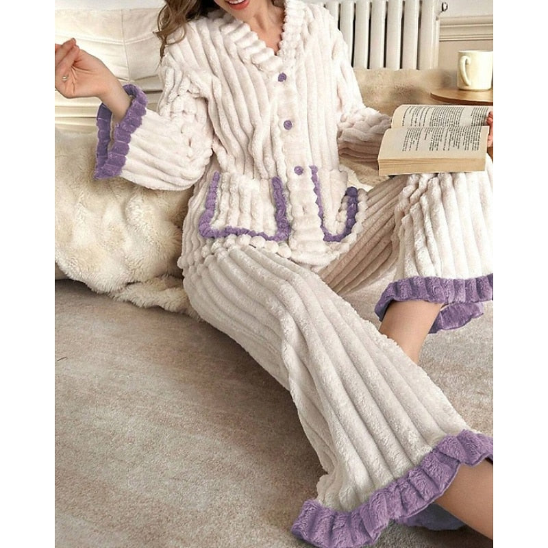 Women’s Cozy Two-Piece Lounge Set with Ruffle Trim and Button Front 0
