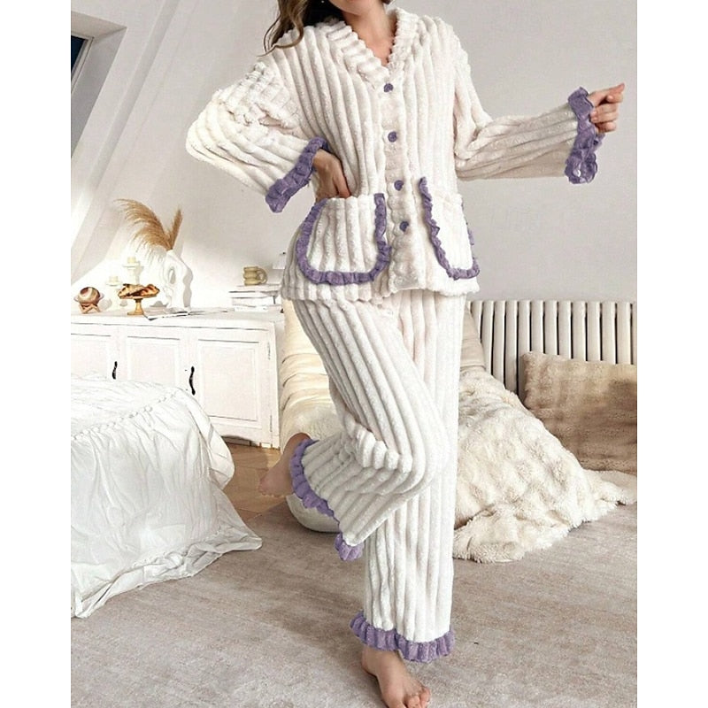 Women’s Cozy Two-Piece Lounge Set with Ruffle Trim and Button Front 5