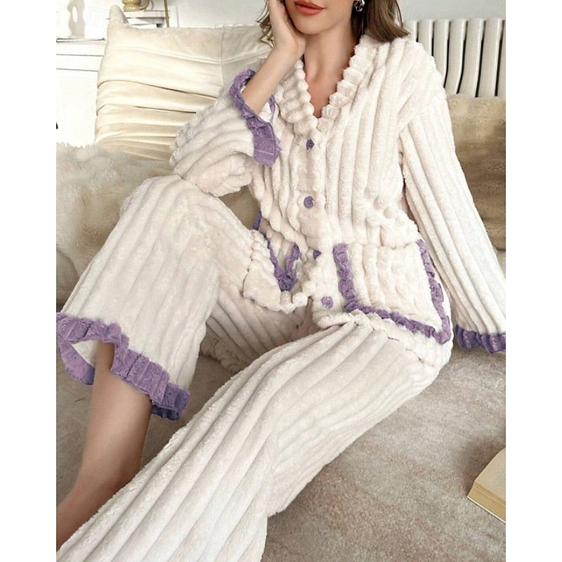 Women’s Cozy Two-Piece Lounge Set with Ruffle Trim and Button Front 6