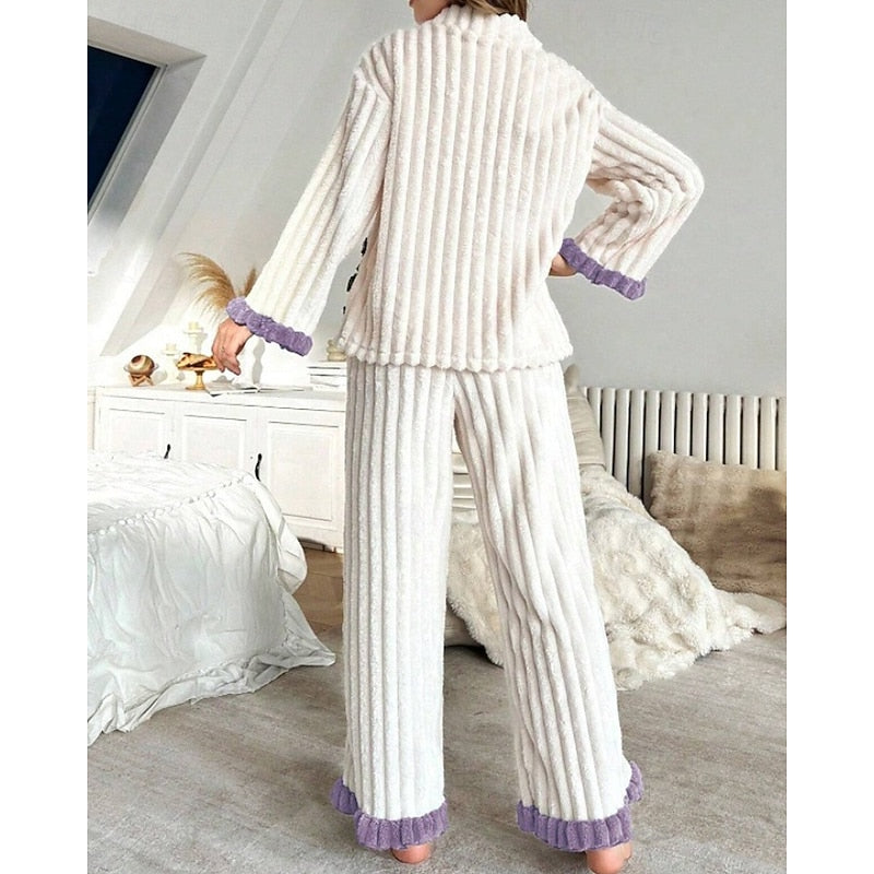 Women’s Cozy Two-Piece Lounge Set with Ruffle Trim and Button Front 7