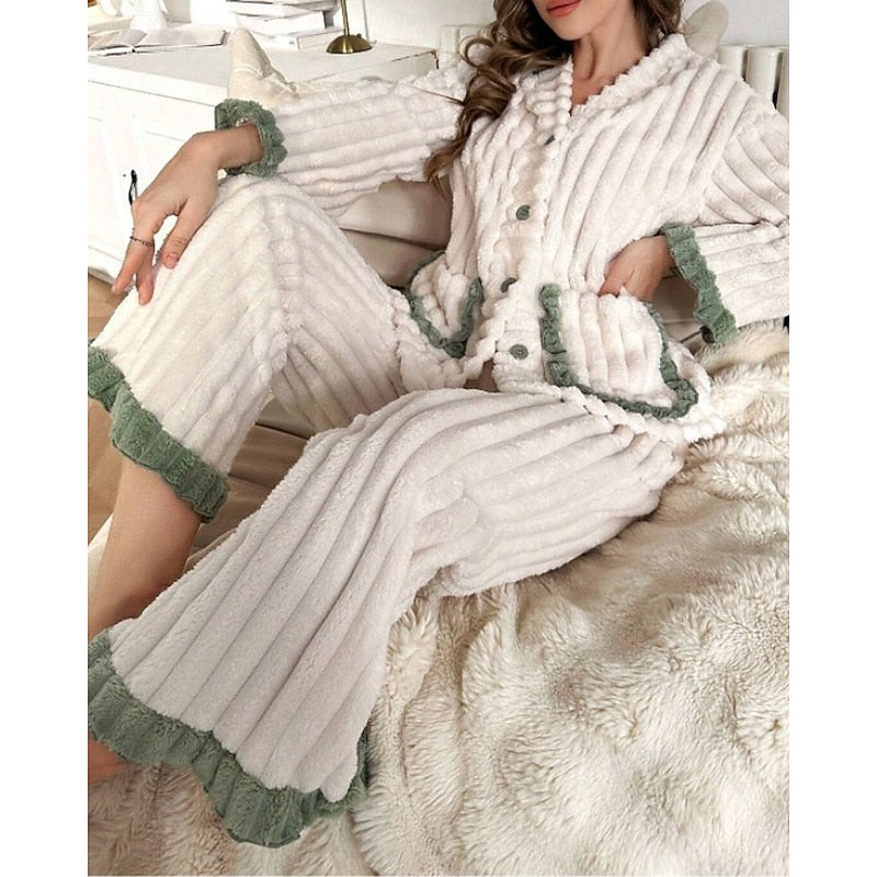 Women’s Cozy Two-Piece Lounge Set with Ruffle Trim and Button Front 8