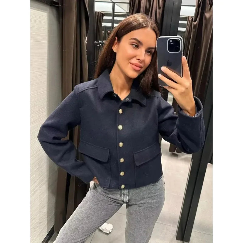 Women’s Cropped Bomber Jacket Modern Button Front Design 1