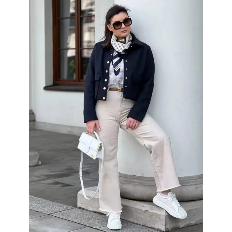 Women’s Cropped Bomber Jacket Modern Button Front Design 3