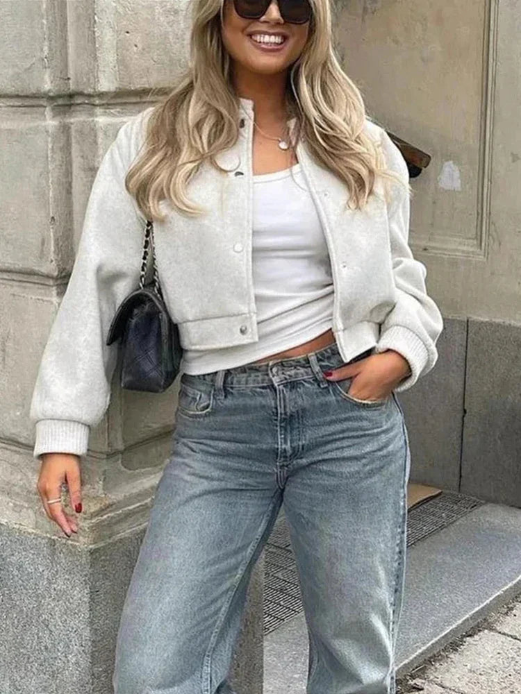 Women’s Cropped Bomber Jacket Stylish Button Front Design 1