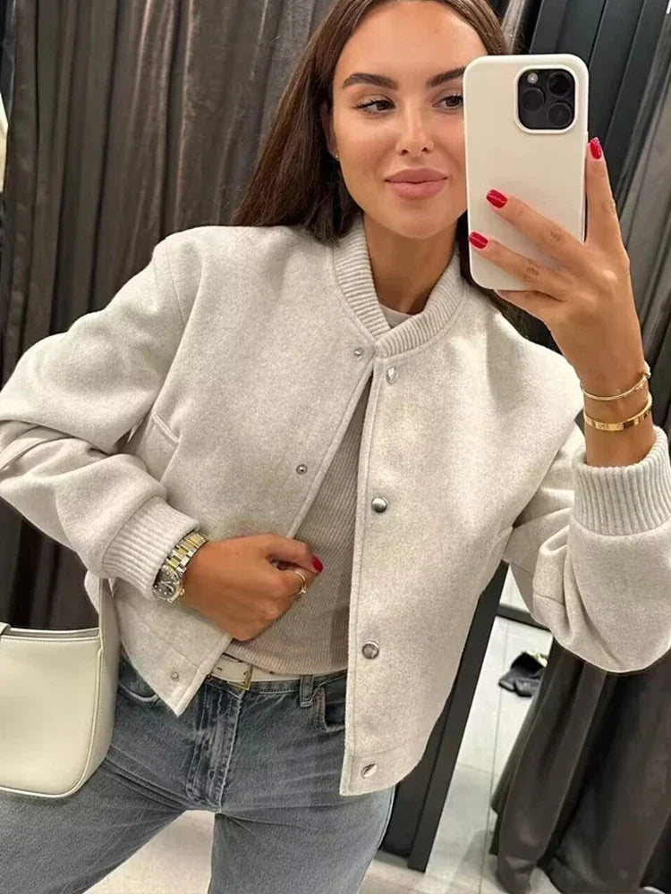 Women’s Cropped Bomber Jacket Stylish Button Front Design 2