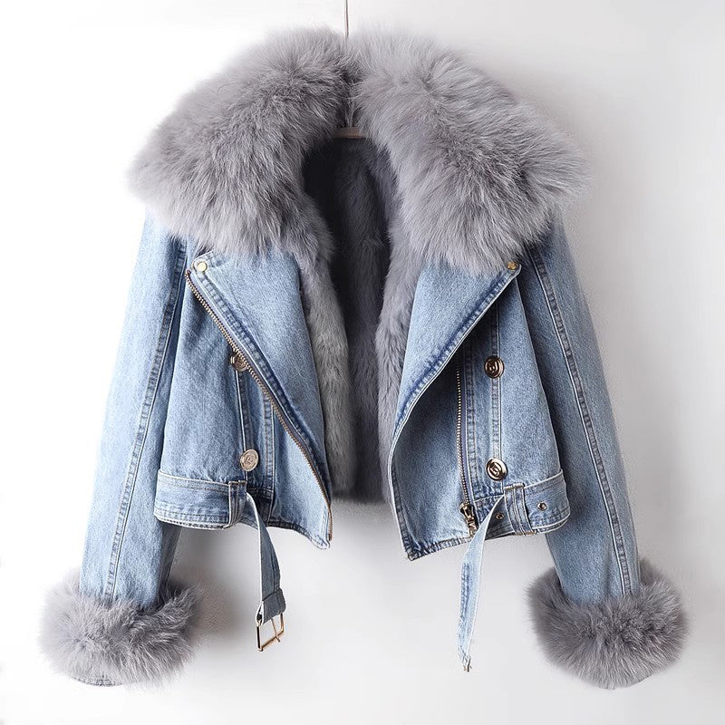 Women’s Denim Coat with Faux-Fur Collar and Liner Stylish Winter Outerwear 0