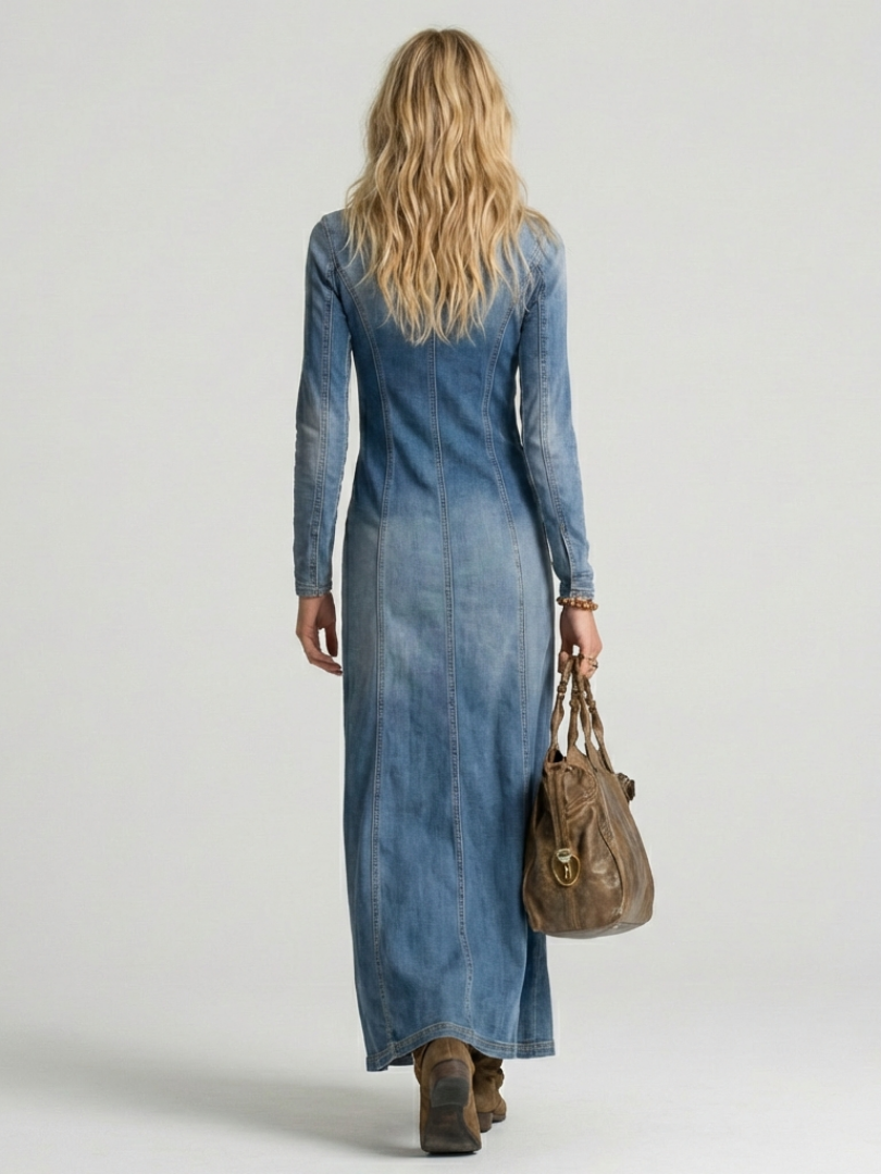 Women’s Denim Maxi Dress Button Front with Deep V Neckline 2