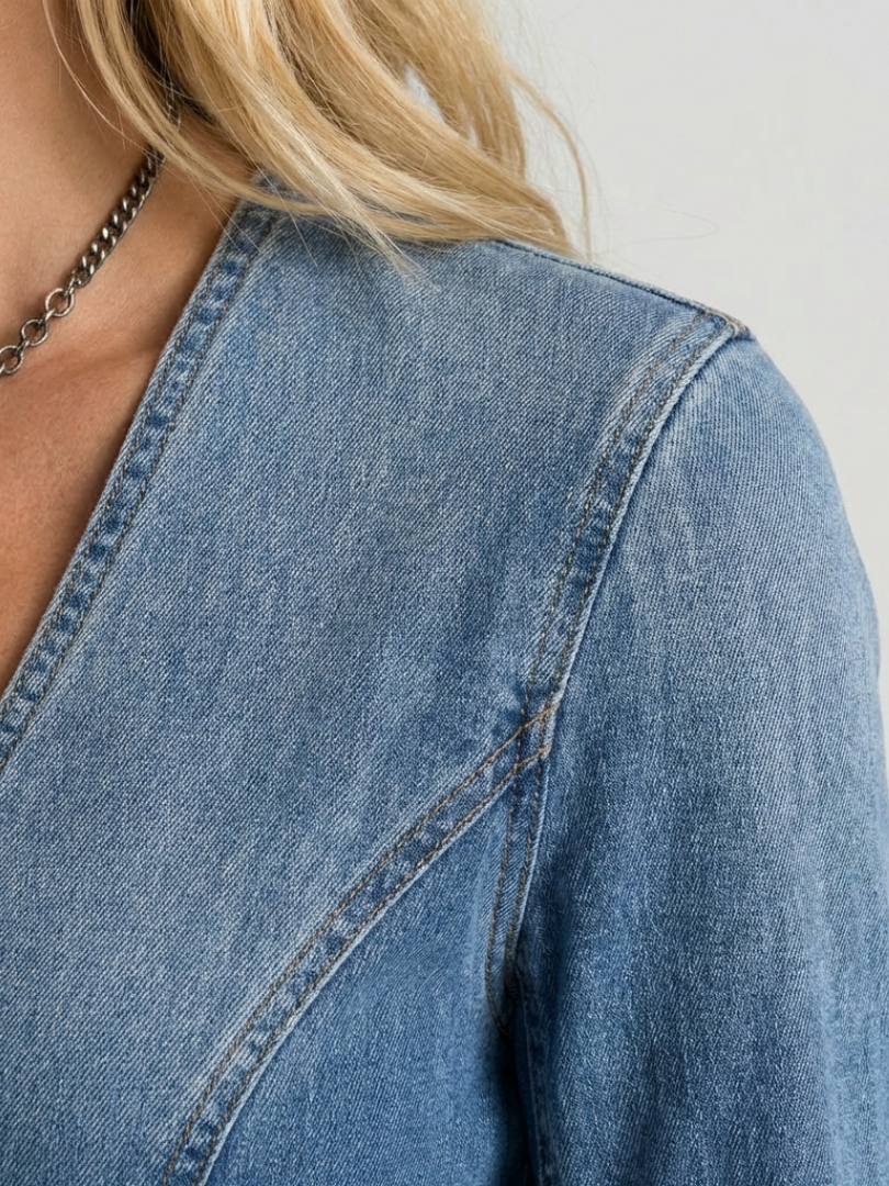 Women’s Denim Maxi Dress Button Front with Deep V Neckline 3